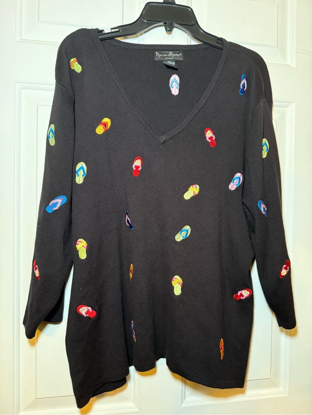Mercer & Madison Vintage Black V Neck Sweater 3X Embroidered Colorful Y2K Beach